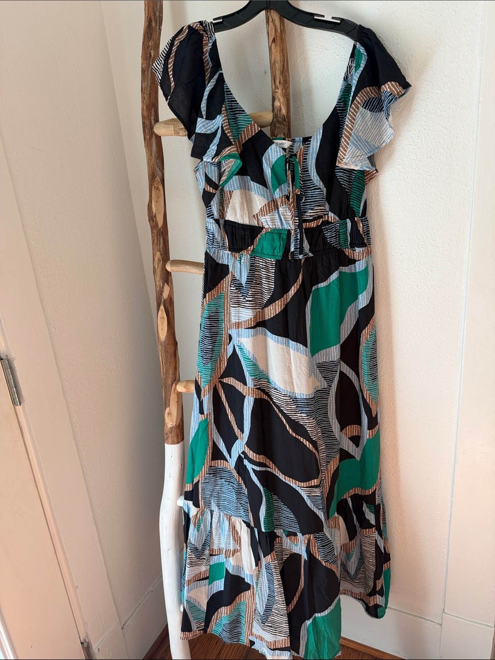 Nine West Black Light Blue White Green Printed Flutter Sleeve Flowy Maxi Dress L